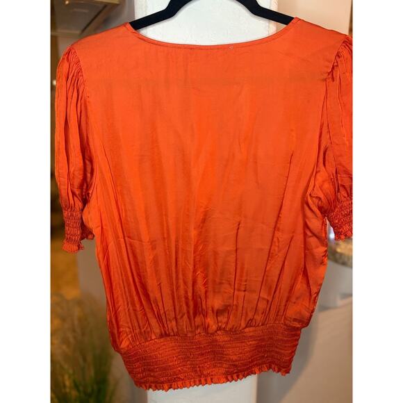 Philosophy women's orange satin short-sleeve v-neck smocked-hem blouse M 4-8 - Picture 4 of 4